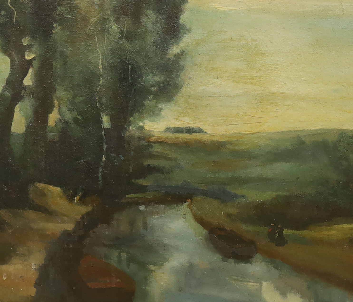 Manner of Bertram Nicholls (1883-1974), oil on canvas, river landscape with moored boats, 39 x 49cm